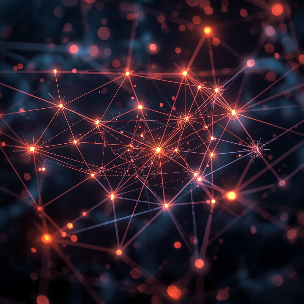 Futuristic glowing neural network visualization with interconnected nodes and data streams on a dark background, representing artificial intelligence, no people
